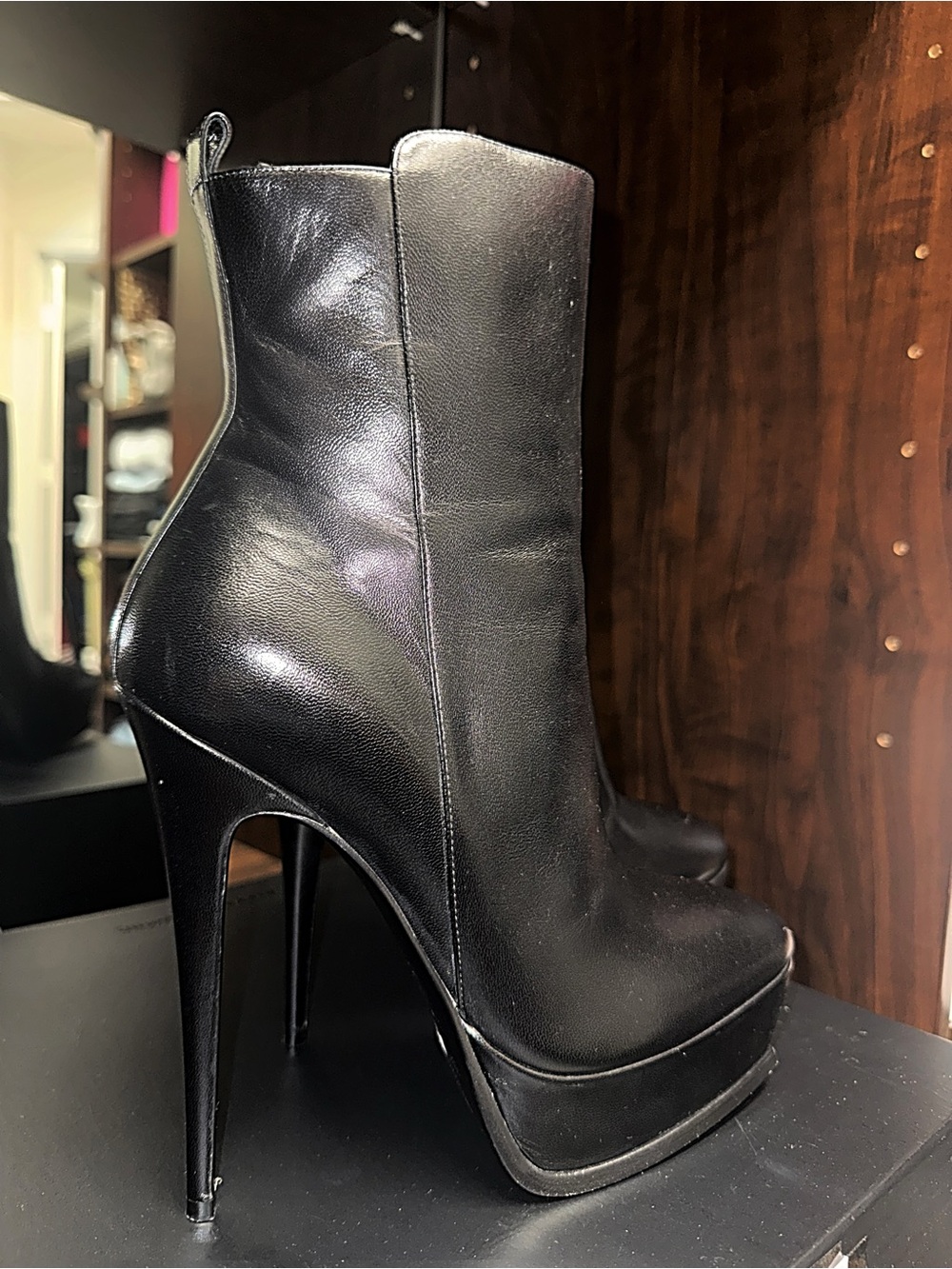 Yves Saint Laurent Black Leather Platform Stiletto Ankle Boots